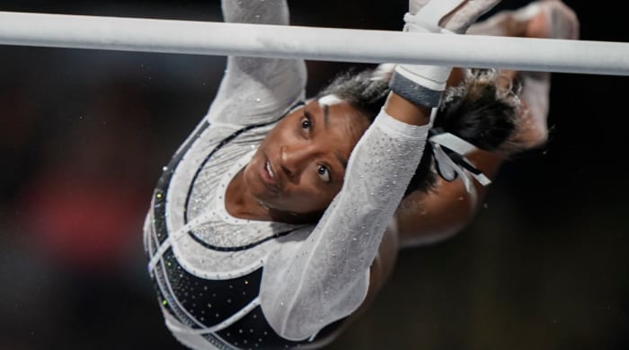 Simone Biles warms up at the U.S. Classic gymnastics competition in August 2023.